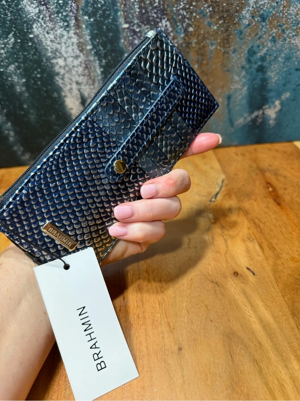 Brahmin RARE Adelle Slim Bifold Wallet Blue Viper Leather Hard to Find
